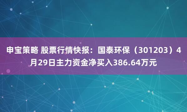 申宝策略 股票行情快报：国泰环保（301203）4月29日主力资金净买入386.64万元